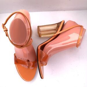 Zara Methacrylate Orange Strap Block Clear Heels Sandals Sz 9.5 Party Dance